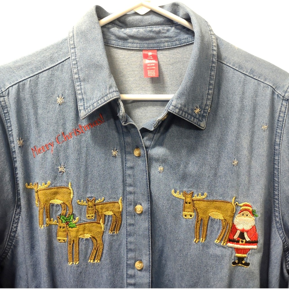 Womens 1X Denim Shirt Embroidered Santa Reindeer Merry Christmas LS Button Up‎